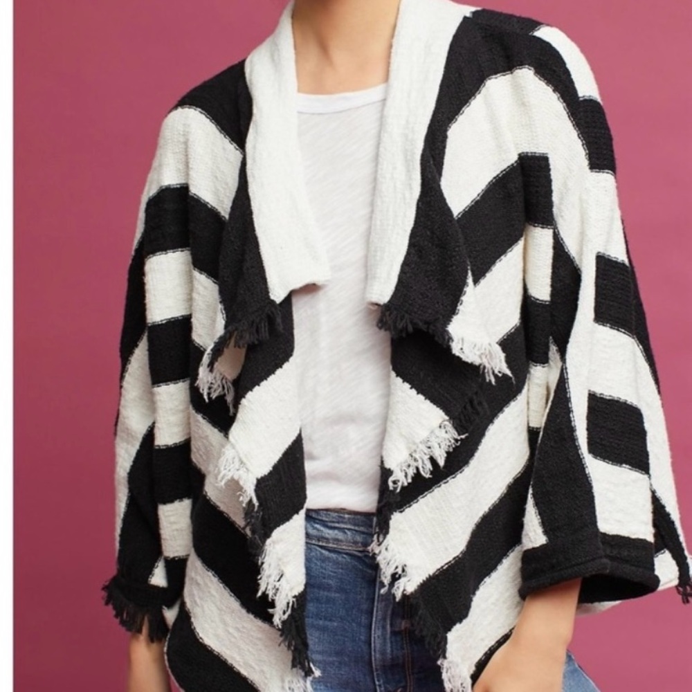 Anthro moth black and white stripe fringe cardigan
